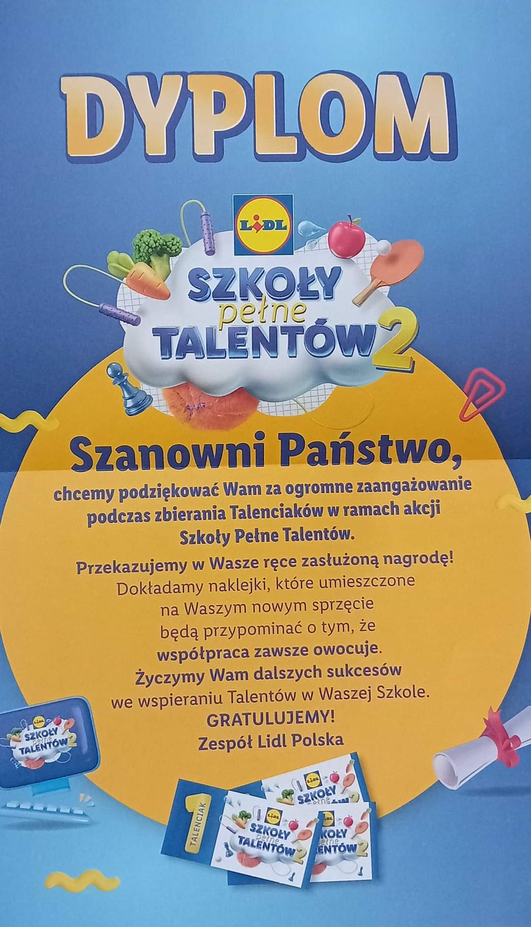 Podziękowanie za udział w akcji Szkoły pełne talentów
