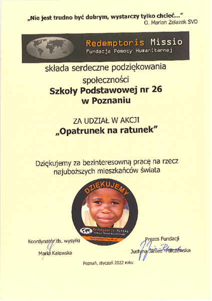 Podziękowanie za udział w akcji „Opatrunek na ratunek”